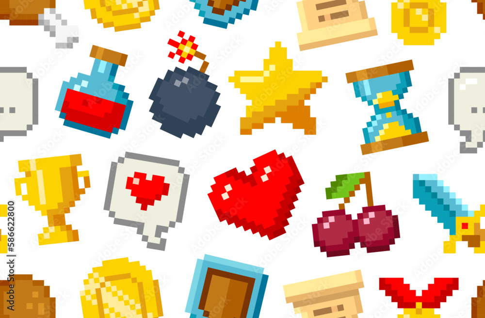 Fototapeta premium Geek Retro Game vector seamless pattern. Pixel icons in vintage 8 bit video game style. 80s -90s. Pixel gold star, heart, bomb, cherry, love etc. Geek style backgroud for wallpaper design