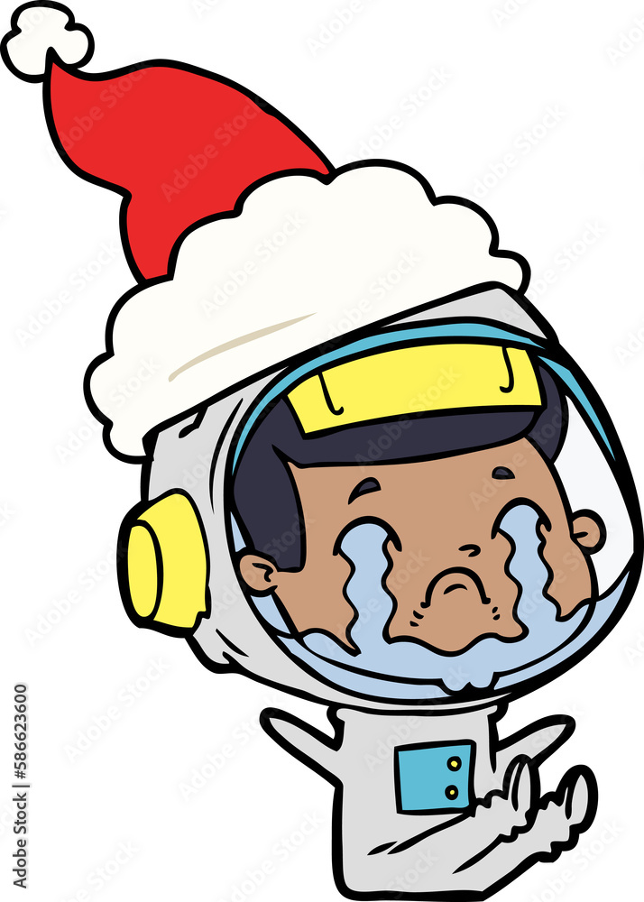 line drawing of a crying astronaut wearing santa hat