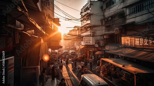 A beautiful and dramatic panoramic photograph of the city skyline, taken on a golden evening after sunset. Generative Ai. photo