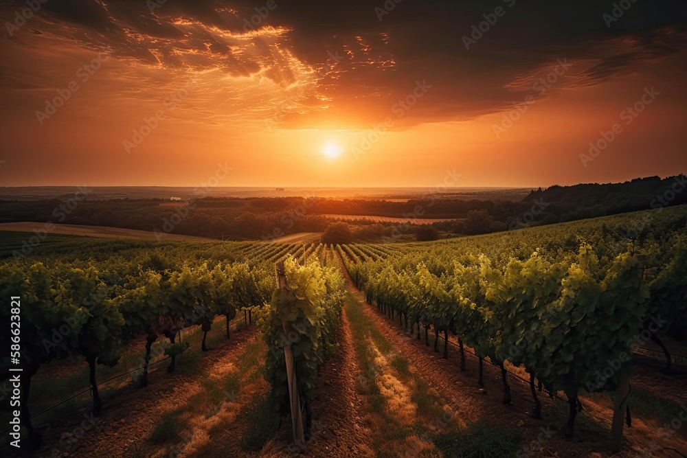 Enchanting Sunset Over Vast Vineyard Landscape - Nature's Splendour at its Finest. Generative AI