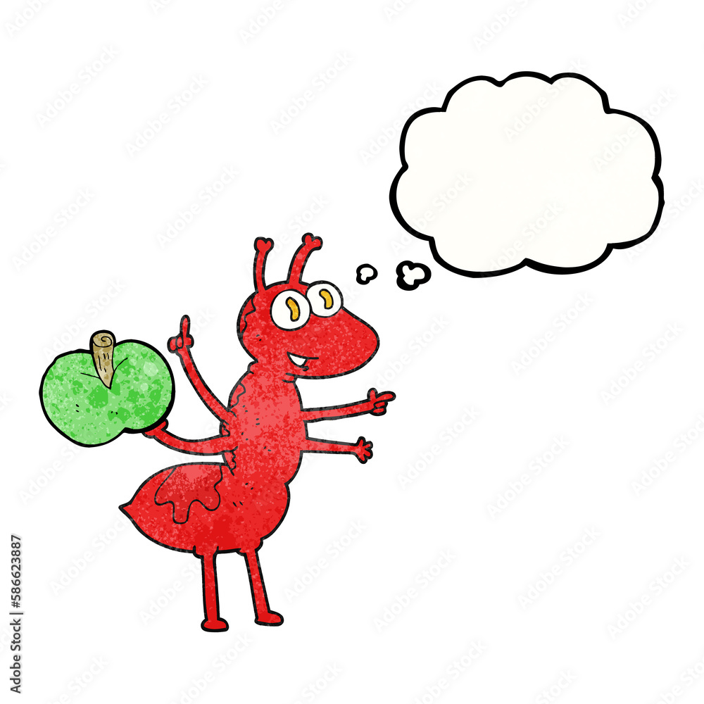 thought bubble textured cartoon ant with apple thought bubble textured cartoon ant with apple