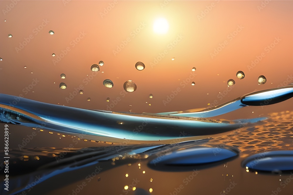 Ilustracja przedstawiająca wodę, krople wody, pęcherzyki powietrza, na tle zachodzącego słońca. Wygenerowane przy użyciu AI. - obrazy, fototapety, plakaty 
