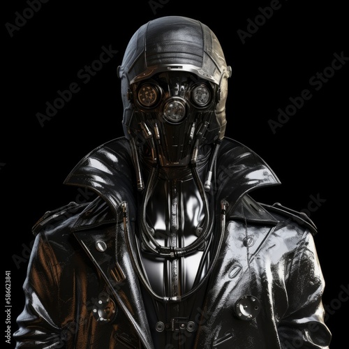 cyborg robot wearing a future punk mask, leather coat and helmet photo