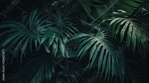 Exotic Tropical Garden  Lush Green Palm Leaves   Plants in Full Bloom. Generative AI