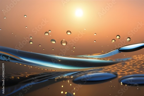 Ilustracja przedstawiająca wodę, krople wody, pęcherzyki powietrza, na tle zachodzącego słońca. Wygenerowane przy użyciu AI.