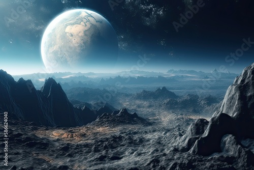 Two Worlds Overlooking  Abstract Space Fantasy Panorama of Planet Earth and Moon Crater  Generative AI