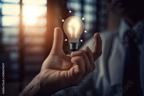 Hand of businessman holding illuminated light bulb, idea, innovation and inspiration concept. Generative Ai.