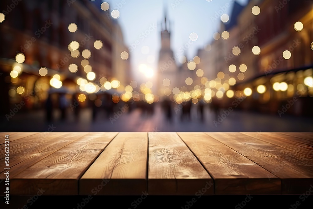 Empty wooden table in front of abstract blurred background. wood table in front can be used for display or montage your products.Mock up for display of product. Generative Ai.
