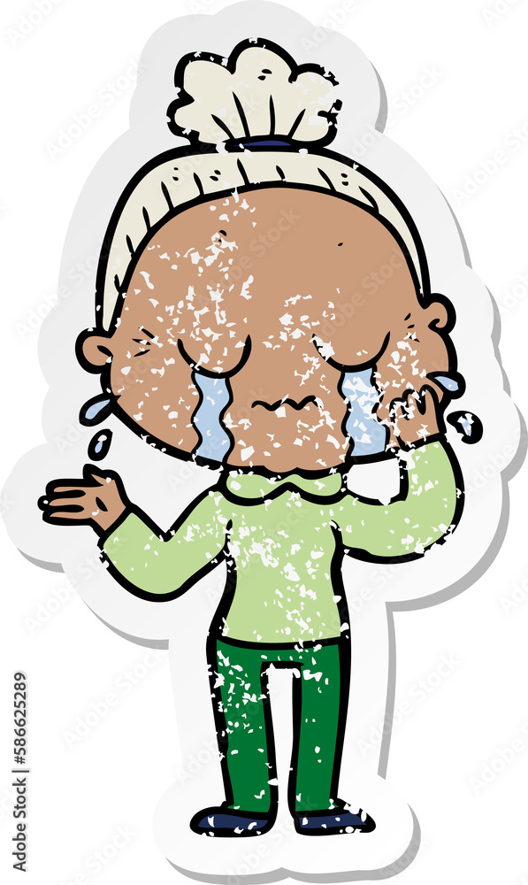 distressed sticker of a cartoon crying old lady distressed sticker of a cartoon crying old lady