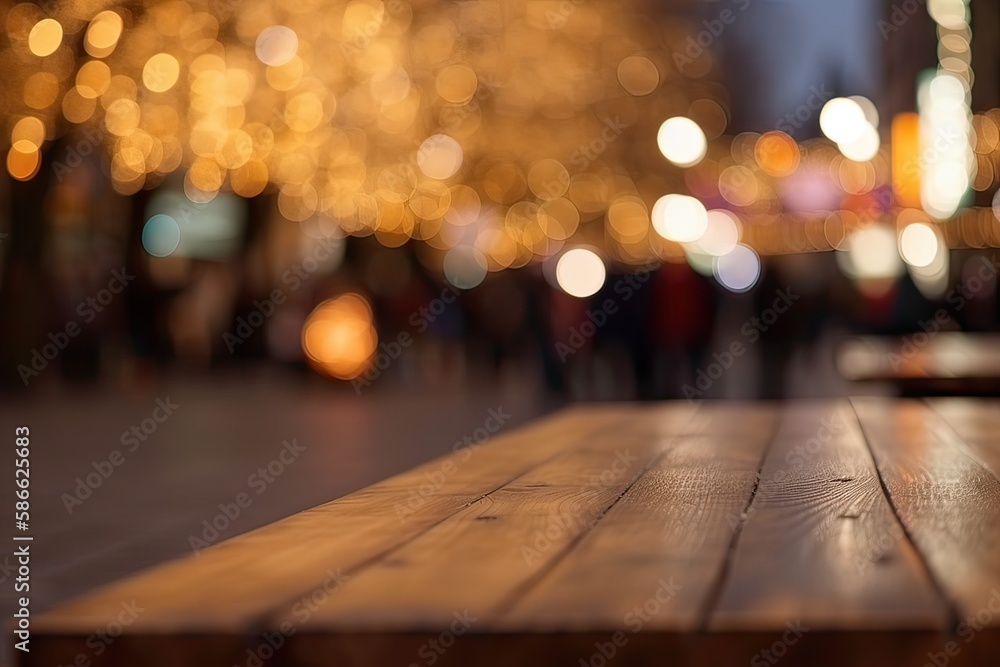 Empty wooden table in front of abstract blurred background. wood table in front can be used for display or montage your products.Mock up for display of product. Generative Ai. Empty wooden table in front of abstract blurred background. wood table in front can be used for display or montage your products.Mock up for display of product. Generative Ai.