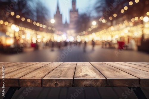 Empty wooden table in front of abstract blurred background. wood table in front can be used for display or montage your products.Mock up for display of product. Generative Ai.
