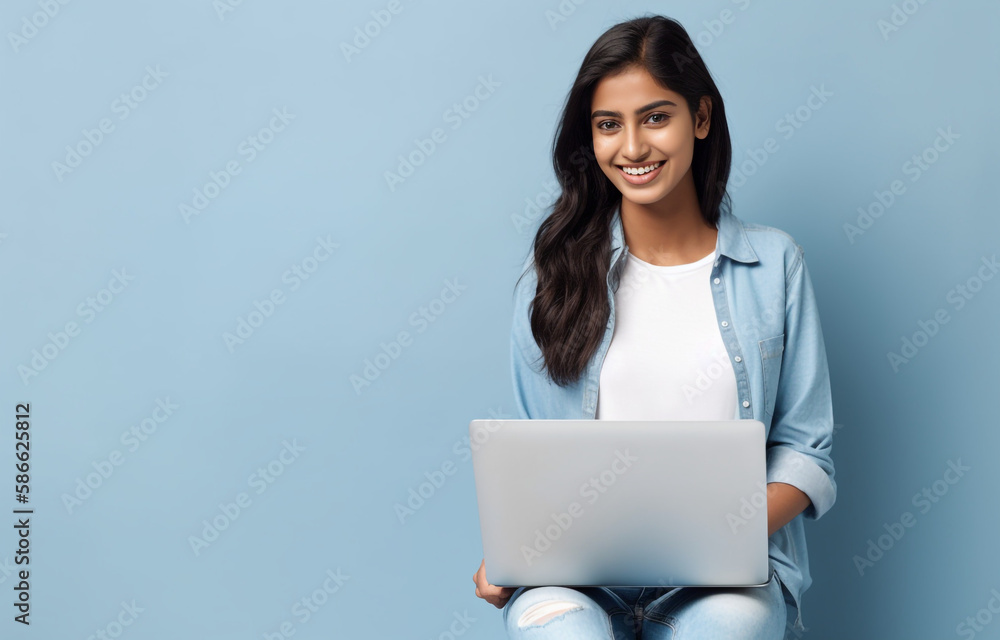 young happy AI generated latin woman using laptop device , isolated on a blue background - obrazy, fototapety, plakaty 