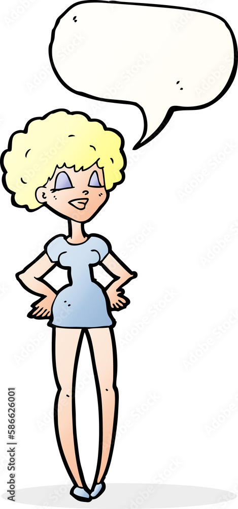 cartoon happy woman with hands on hips with speech bubble cartoon happy woman with hands on hips with speech bubble