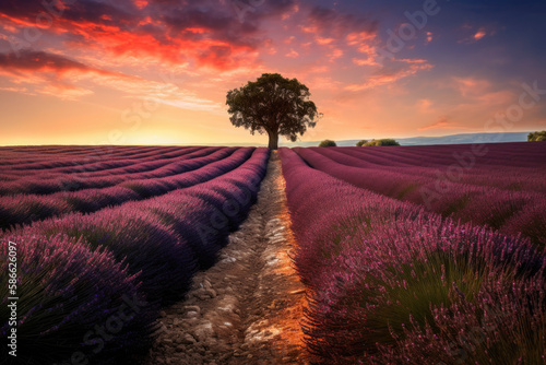A love tree on a lavender field, generative AI © Kien