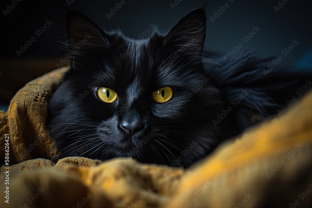 Black cat with yellow eyes snuggled up in a fuzzy blanket on a bed , generative AI