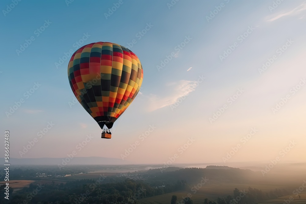 Fototapeta premium Colorful hot air balloon flying on sky at sunset. travel and air transportation concept. Generative Ai.