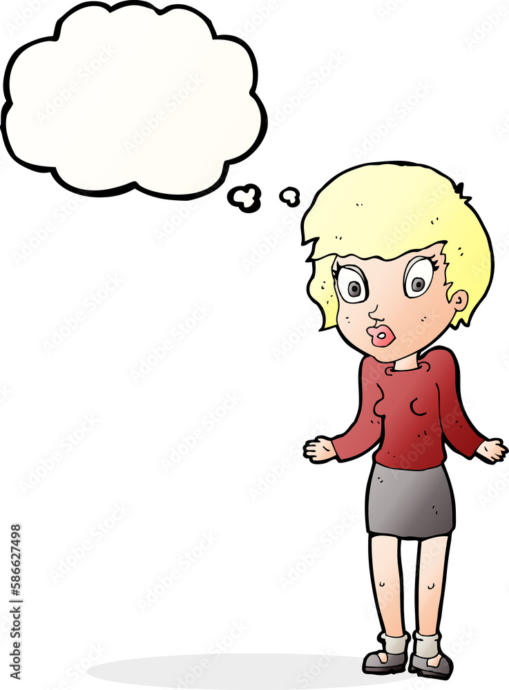 cartoon woman shrugging shoulders with thought bubble cartoon woman shrugging shoulders with thought bubble