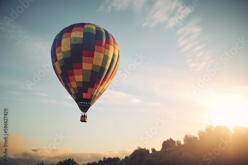 Colorful hot air balloon flying on sky at sunset. travel and air transportation concept. Generative Ai. © Kowit