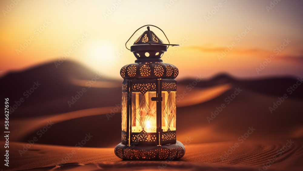 An illuminated Ramadan lamp against a desert background An illuminated Ramadan lamp against a desert background