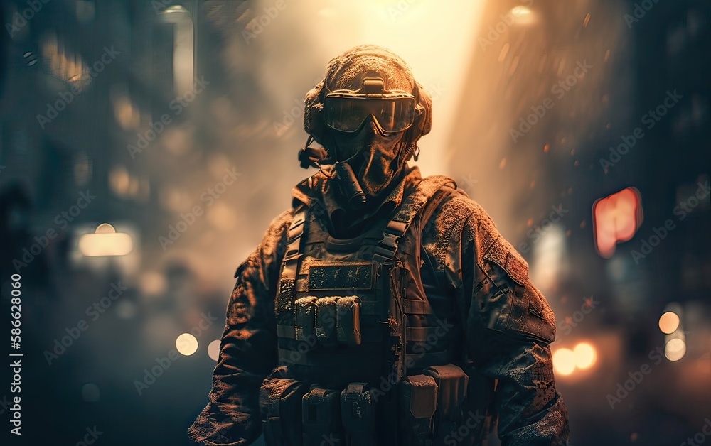 Professional soldier dressed in protective uniform against fire. soldier in uniform of special forces in a dangerous military action in a dangerous enemy area. Non-existent person. Generative Ai.