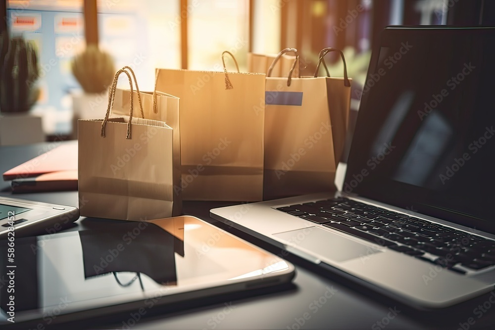 Paper boxes in a trolley and shopping bag and laptop computer , Online shopping or e-commerce concept. Generative Ai. Paper boxes in a trolley and shopping bag and laptop computer , Online shopping or e-commerce concept. Generative Ai.