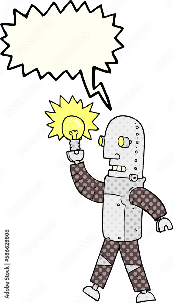 comic book speech bubble cartoon robot with light bulb comic book speech bubble cartoon robot with light bulb