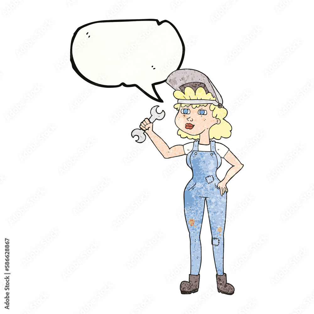 speech bubble textured cartoon woman with spanner