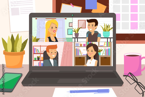 Video conference meeting, remote communication. Distance chatting, video call. Program for virtual intercommunication, teamwork. People talking during collective discussion, business conference