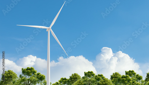 Wind turbines and bright nature, blue sky, lush greenery, Wind energy for environmentally friendly and sustainability.