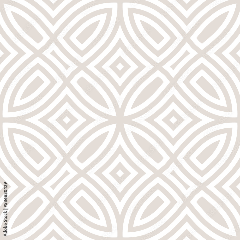 Vector geometric seamless pattern. Abstract linear ornamental texture with curved shapes, lines, flower silhouettes, leaves, repeat tiles. Beige and white background. Subtle design for decor, print