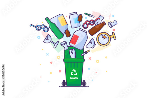 Bunch of old unwanted broken glass bottles fall into open trash can. Heap of crockery and broken items. Glass pollution problem. Simple cartoon outline vector isolated on white back