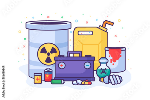 Pile of poisonous and radioactive substances. Heap of Toxic Explosive Materials. Hazardous waste pollution problem. Simple cartoon outline vector isolated on white background