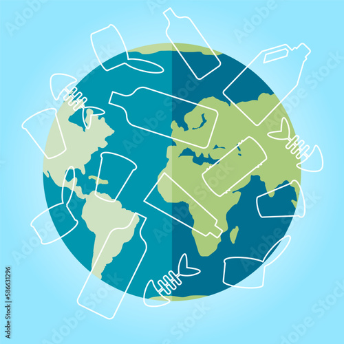 Plastic bottles planet. Environment bottled water recycling. Earth Day. International Mother Earth Day. Planet earth or world globe with oceans. Environmental problems and environmental protection