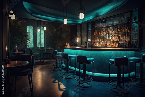 Luxury of the Future: A Stylish Speakeasy Bar for Fun Nights of Social Drinks and Eats. Generative AI © AIGen