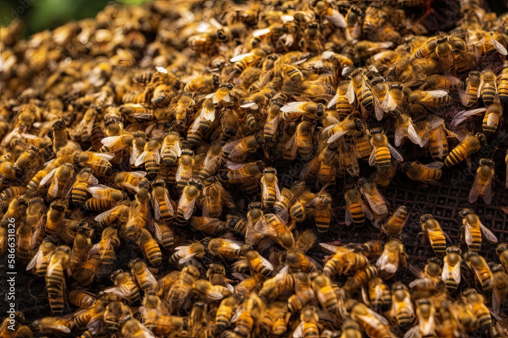 Thousands of Tropical Honey Bees Busily Gather Pollen and Honey - An Amazing Closeup of Nature's Biological Farm. Generative AI Thousands of Tropical Honey Bees Busily Gather Pollen and Honey - An Amazing Closeup of Nature's Biological Farm. Generative AI
