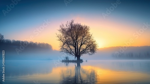 Tree in an Ethereal Sunrise: Nature's Serene Display Amidst the Fog. Generative AI