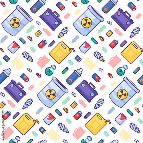 Dangerous toxic substances seamless pattern with flammable, combustible, battery, acid, tablets, bulb. Ornament for printing on fabric, cover and packaging. Vector isolated on white background