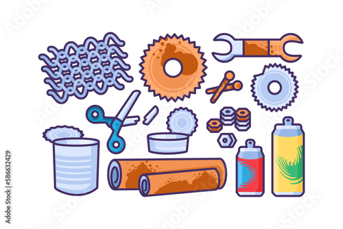 Set of broken Rusty unwanted steel objects. Items out of use and subject to disposal. Recycling of Metal industrial products. Simple cartoon outline vector isolated on white background