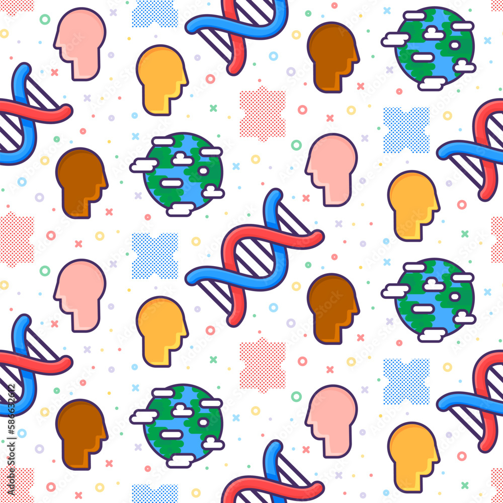 Fototapeta premium Medical seamless pattern with DNA molecule and profile of person face. Design of printed products for medical institution. Ornament for printing on fabric and paper cover. Vector isolated on white