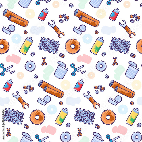 Rusty unwanted metal objects seamless pattern with wrench, nail, razor, gear, sheet, scissors, cut, pipes. Ornament for printing on fabric, cover and packaging. Vector isolated on white