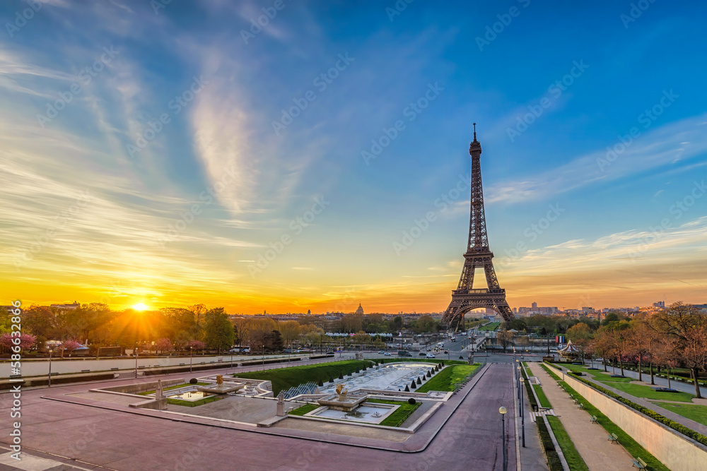Paris France sunrise city skyline at Eiffel Tower and Trocadero Gardens
