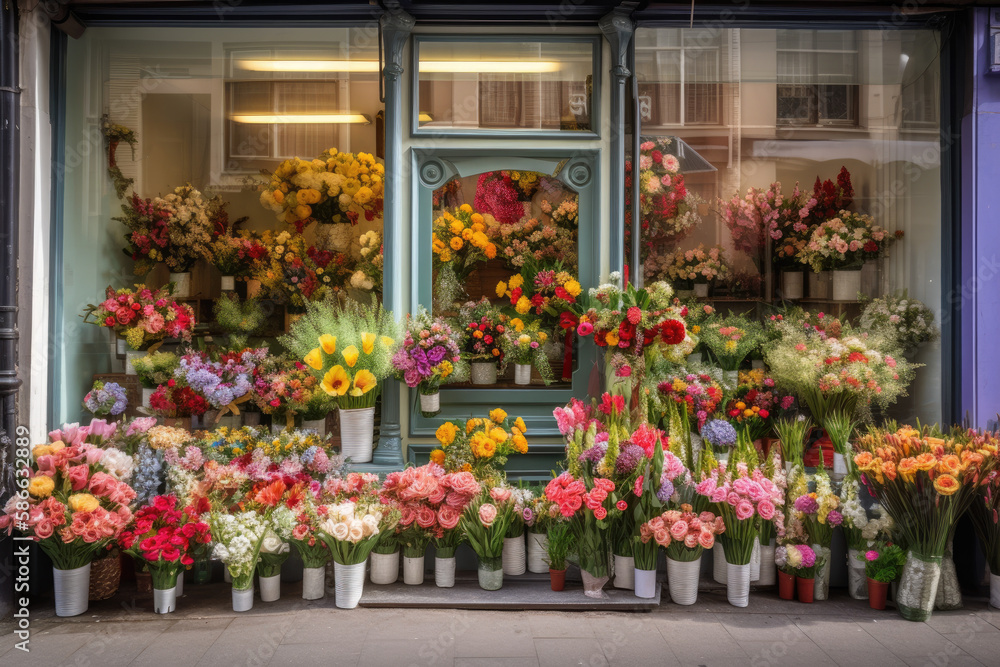 Fototapeta premium Flower shop storefront, with beautiful bouquets of flowers on display in the window