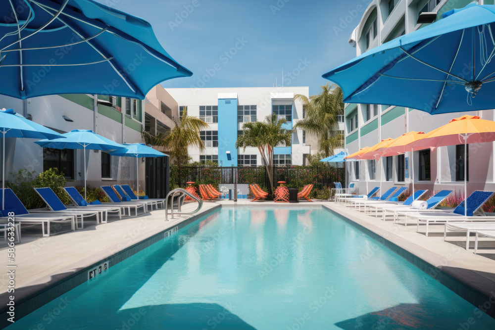 Hotel pool, with blue water, loungers, and umbrellas in the background
