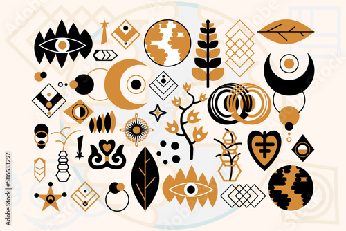 Luxury sacred symbols collection. Magical icons and mystery knowledge. Mystic black and gold signs in boho style. Secret sacred vector elements isolated on white background for decoration
