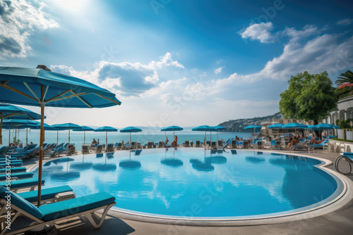 Hotel pool  with blue water  loungers  and umbrellas in the background