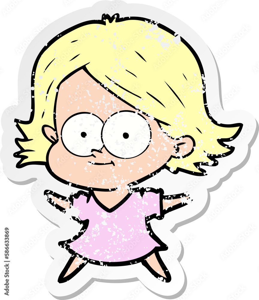 distressed sticker of a happy cartoon girl distressed sticker of a happy cartoon girl