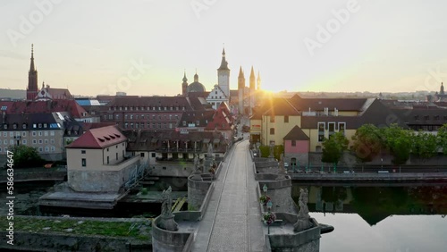 Aeriel view of the city Wurzburg in Germany. Alte Mainbrücke (old bridge).