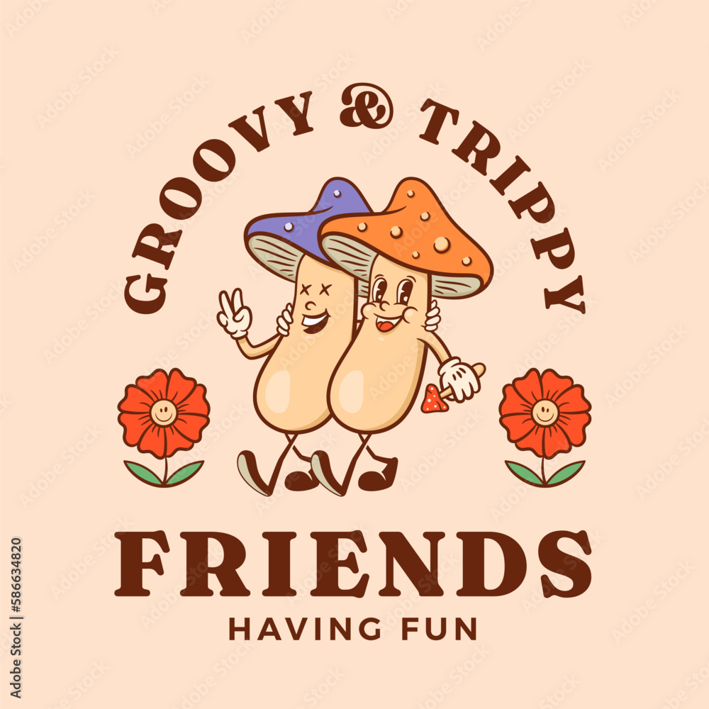 Groovy and trippy retro cartoon characters greeting card. Happy fly agaric mushrooms friends with smiling flowers label template. Vector logo mascot illustration in trendy vintage comic style Isolated Groovy and trippy retro cartoon characters greeting card. Happy fly agaric mushrooms friends with smiling flowers label template. Vector logo mascot illustration in trendy vintage comic style Isolated