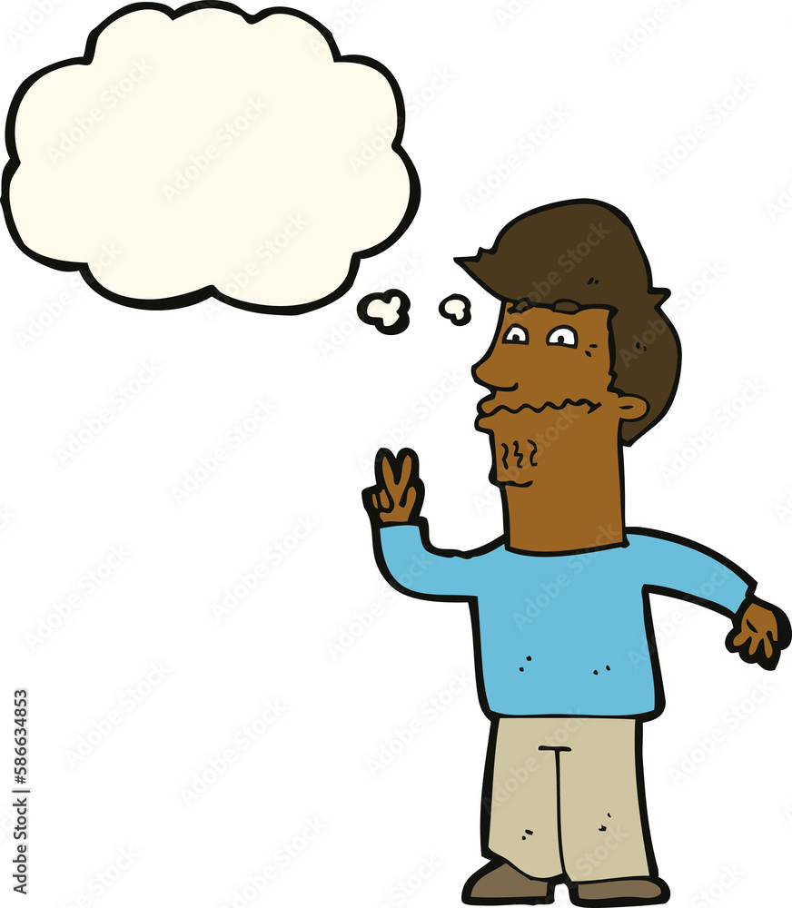 cartoon man giving peace sign with thought bubble cartoon man giving peace sign with thought bubble