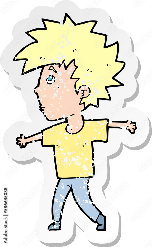 retro distressed sticker of a cartoon boy retro distressed sticker of a cartoon boy